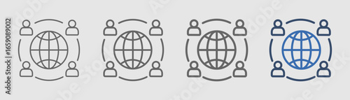 
outline icon set of online community with circle design, four people and globe