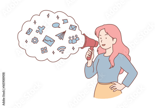 Woman with megaphone in hands announces business event or works as promoter advertising company services. Girl promoter with loudspeakers near cloud with icons symbolizing marketing. Hand drawn style