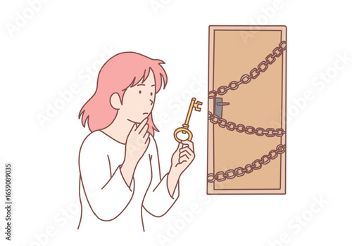 Young woman with key in hands stand near locked doors think of problem solution. Frustrated female feel confused think about door unlocking. Hand drawn style vector design illustrations.