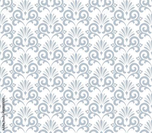 Wallpaper in the style of Baroque. White and gray floral ornament. Seamless vector background. Graphic pattern for fabric, wallpaper, packaging. Ornate Damask flower illustration