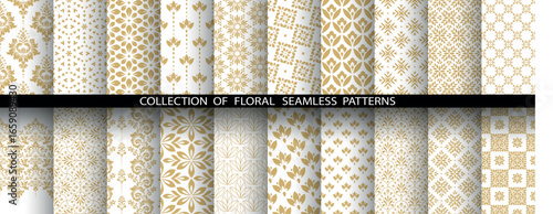 Geometric floral set of seamless patterns. White and golden vector backgrounds. Damask graphic ornaments