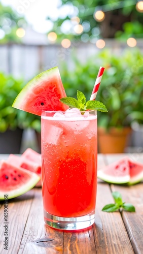 Wallpaper Mural Refreshing watermelon drink on a wooden table outdoors Torontodigital.ca