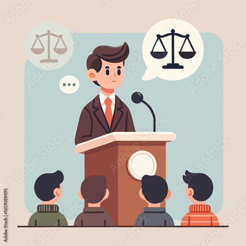 Cartoon Man Giving Speech about Justice to Audience at Podium