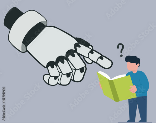 An AI robot hand points at a man reading, symbolizing technology's role in modern education, guidance, and the human quest for knowledge