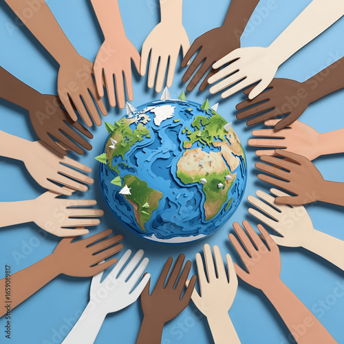 Diverse Hands Supporting Planet Earth in Paper Cut-out Style, Unity and Global Cooperation Concept - Vector Illustration for Social Campaigns.