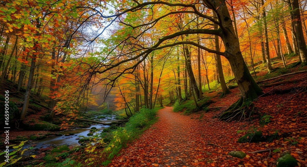 Fototapeta premium Stunning autumn forest path with vibrant foliage colors