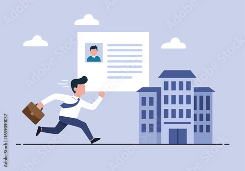 A businessman runs with his resume towards an office, illustrating job seeking, recruitment, and career pursuit in a fast-paced corporate world