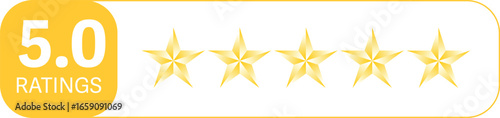 A golden star rating, showing a perfect score of five out of five with a yellow background.