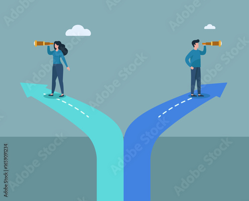 Obraz na plátně A man and woman on diverging paths look toward their futures with telescopes, sy