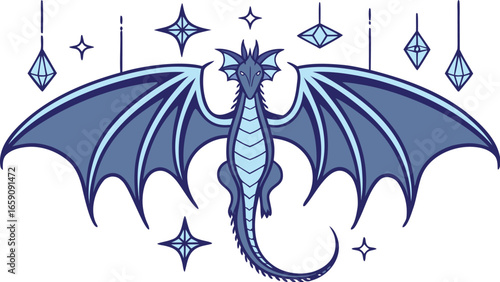 Mystical Blue Fantasy Dragon Illustration with Stars