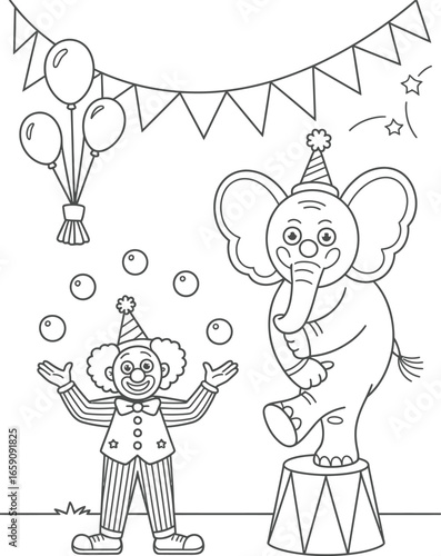 Circus clown juggling with elephant on a pedestal balloons