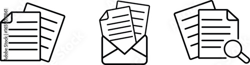 A collection of minimalist line art illustrations showing documents, emails, and searching