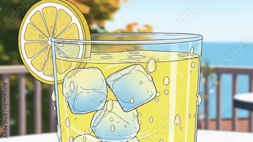 Refreshing Lemonade Animation: Close-up of a Glass with Ice Cubes and Lemon Slice