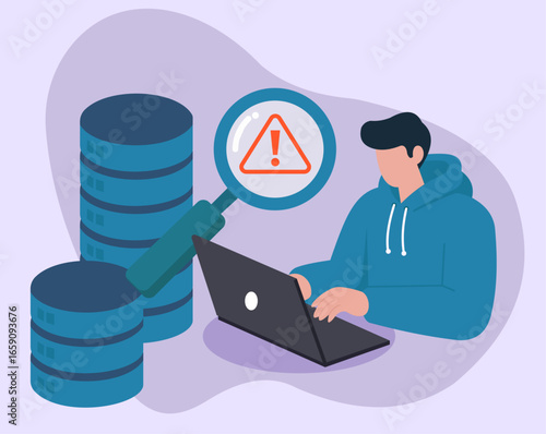 A programmer or IT specialist analyzes a database, finding a critical error, threat, or system vulnerability with a magnifying glass
