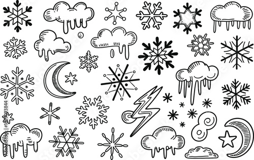 Winter Weather Elements Hand Drawn Icons snow snowflake