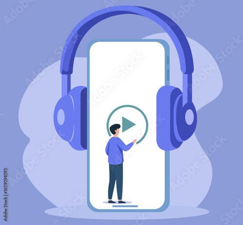 A user streams media on a smartphone. This flat vector concept with headphones represents podcasts, audiobooks, music, and mobile listening