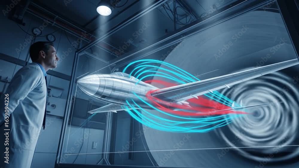 Scientist observes simulated airflow around a futuristic aircraft in a wind tunnel environment for aerodynamic research