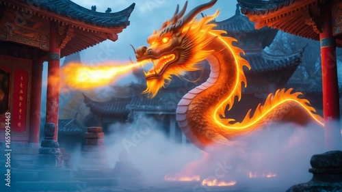 Fiery Dragon Unleashed in Ancient Chinese Temple