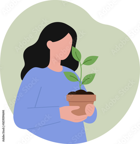 A woman nurtures a small potted plant, symbolizing growth, care, sustainability, and a gentle connection to nature