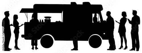 Silhouette of People Standing Around a Food Truck Chatting