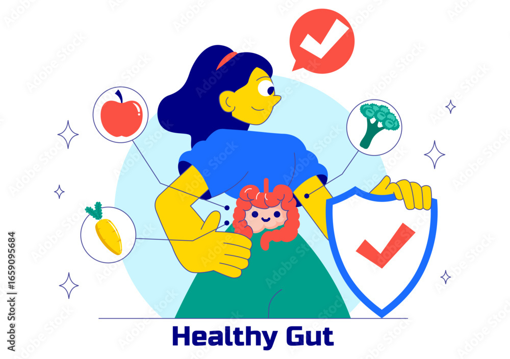 Fototapeta premium Healthy Gut Illustration featuring Human Digestive System Anatomy with Gut Microflora, Inflamed Intestinal Cells, Bacteria, and Probiotics Background