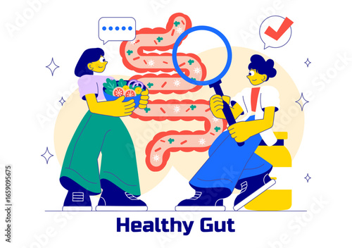 Healthy Gut Illustration featuring Human Digestive System Anatomy with Gut Microflora, Inflamed Intestinal Cells, Bacteria, and Probiotics Background