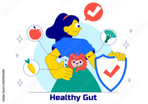 Healthy Gut Illustration featuring Human Digestive System Anatomy with Gut Microflora, Inflamed Intestinal Cells, Bacteria, and Probiotics Background