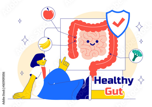 Healthy Gut Illustration featuring Human Digestive System Anatomy with Gut Microflora, Inflamed Intestinal Cells, Bacteria, and Probiotics Background