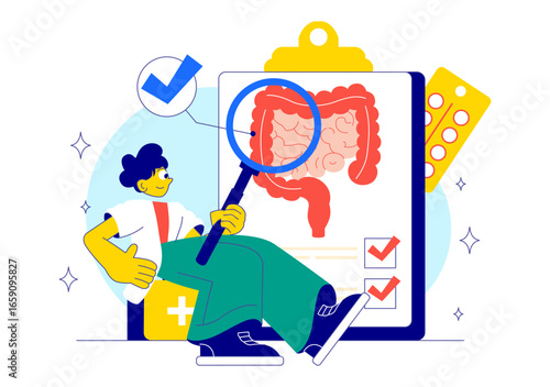 Healthy Gut Illustration featuring Human Digestive System Anatomy with Gut Microflora, Inflamed Intestinal Cells, Bacteria, and Probiotics Background