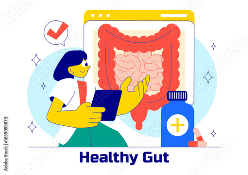 Healthy Gut Illustration featuring Human Digestive System Anatomy with Gut Microflora, Inflamed Intestinal Cells, Bacteria, and Probiotics Background
