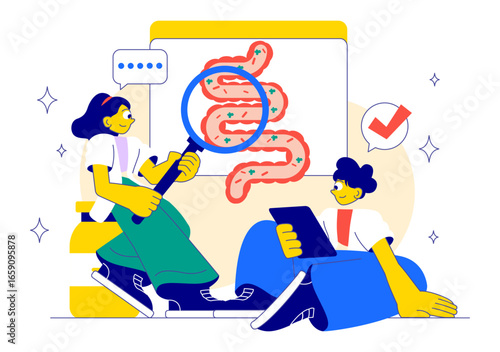 Healthy Gut Illustration featuring Human Digestive System Anatomy with Gut Microflora, Inflamed Intestinal Cells, Bacteria, and Probiotics Background