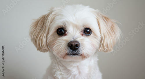 Adorable close-up studio portrait of a small fluffy white dog with big expressive eyes