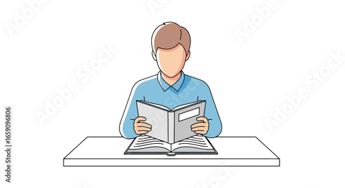 Focused student reading an open book at desk, ideal for educational materials, literacy campaigns, and promoting learning resources for all ages and studies.
