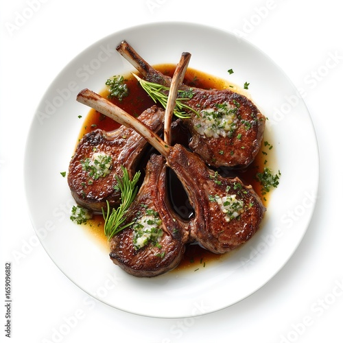 Grilled lamb chops with rosemary and herb butter on white plate