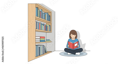 Serene Reading Nook with Young Woman Enjoying a Book Next to a Bookshelf, Ideal for Promoting Reading Habits, Education, and Relaxing Leisure Activities
