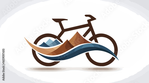 Bicycle logo design with mountain and water elements