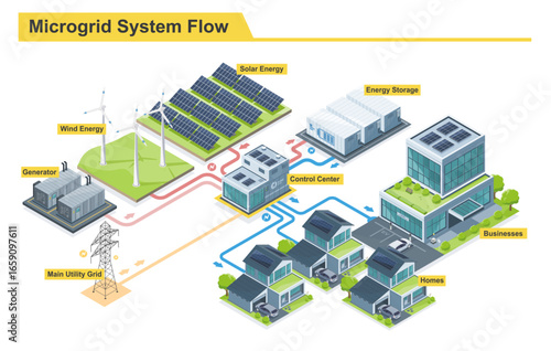 Isometric modern city use clean energy microgrid diagram with solar panels wind turbines and battery storage system for sustainable power management	