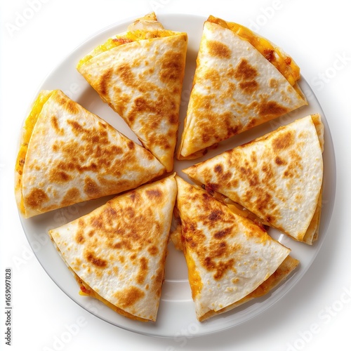 Cheesy chicken quesadilla slices on white plate – savory snack