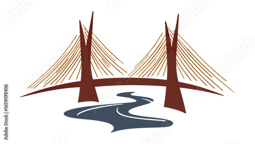 Stylish illustration of a suspension bridge over a waterway