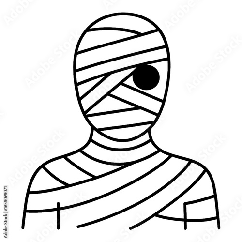 Mummy in ancient wrappings black outline minimalist Halloween portrait face obscured cursed pharaonic isolated transparent design element