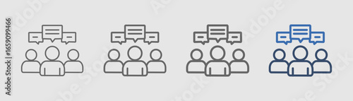 
outline focus group icon set with three people design and three conversation designs