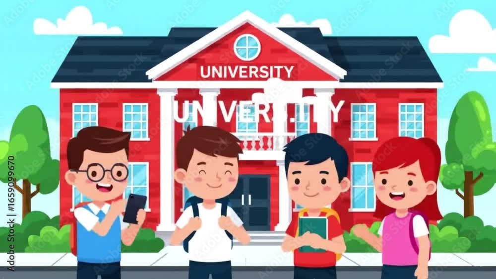 University Cartoon Students Gathering Near Campus Building for Education and Social Interaction University Cartoon Students Gathering Near Campus Building for Education and Social Interaction