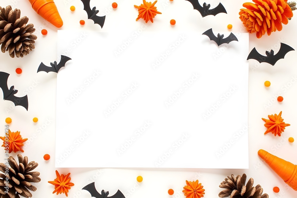Fototapeta premium Happy Halloween mockup with empty paper blank with festive decorations top view. Halloween party flat lay on white background. 3d rendering.