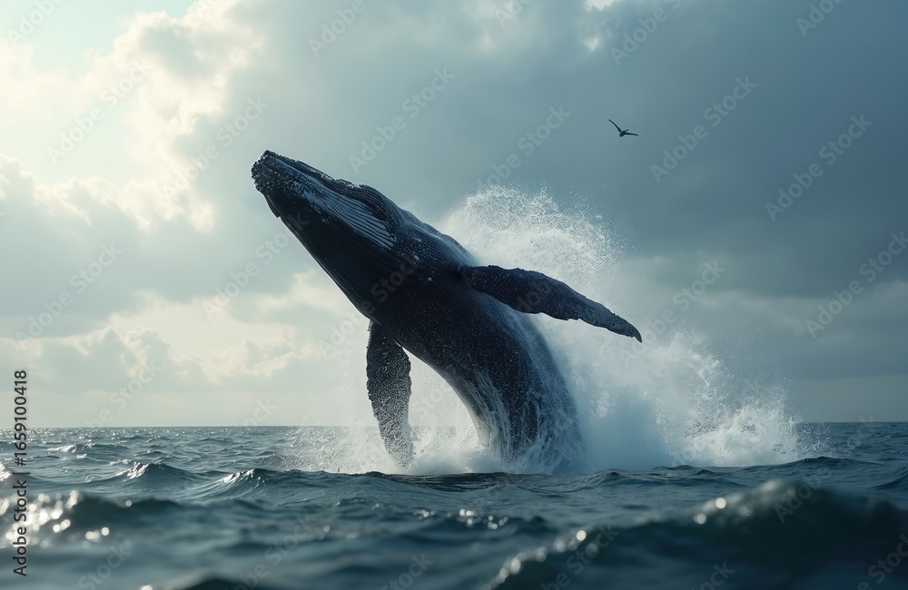 Fototapeta premium Majestic whale breaches ocean surface, splashing water in dramatic display of marine wildlife. Immense creature powerful movement through sea highlights natural beauty, aquatic grace. Solitary bird
