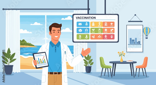 Vaccination promotion by doctor using a tablet with a coastal view backdrop