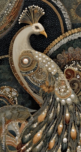 Wallpaper Mural Intricate beaded peacock artwork, cream and dark hues, ornate details Torontodigital.ca