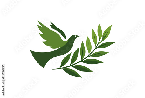 Green bird flying with olive branch image