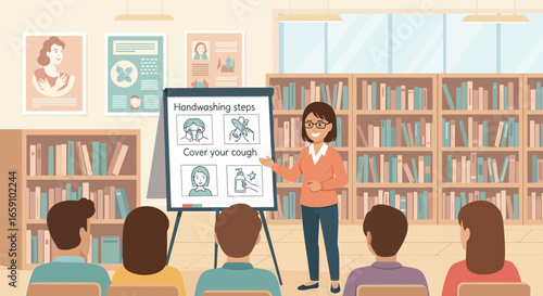 Illustration showing a presentation on handwashing and covering cough in a library