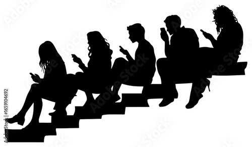 Silhouette of Group of Friends Sitting on Stairs with One Person Using Phone