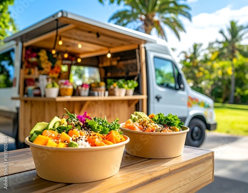 Vibrant Poke Bowls Served from a Tropical Food Truck Under Palm Trees.
